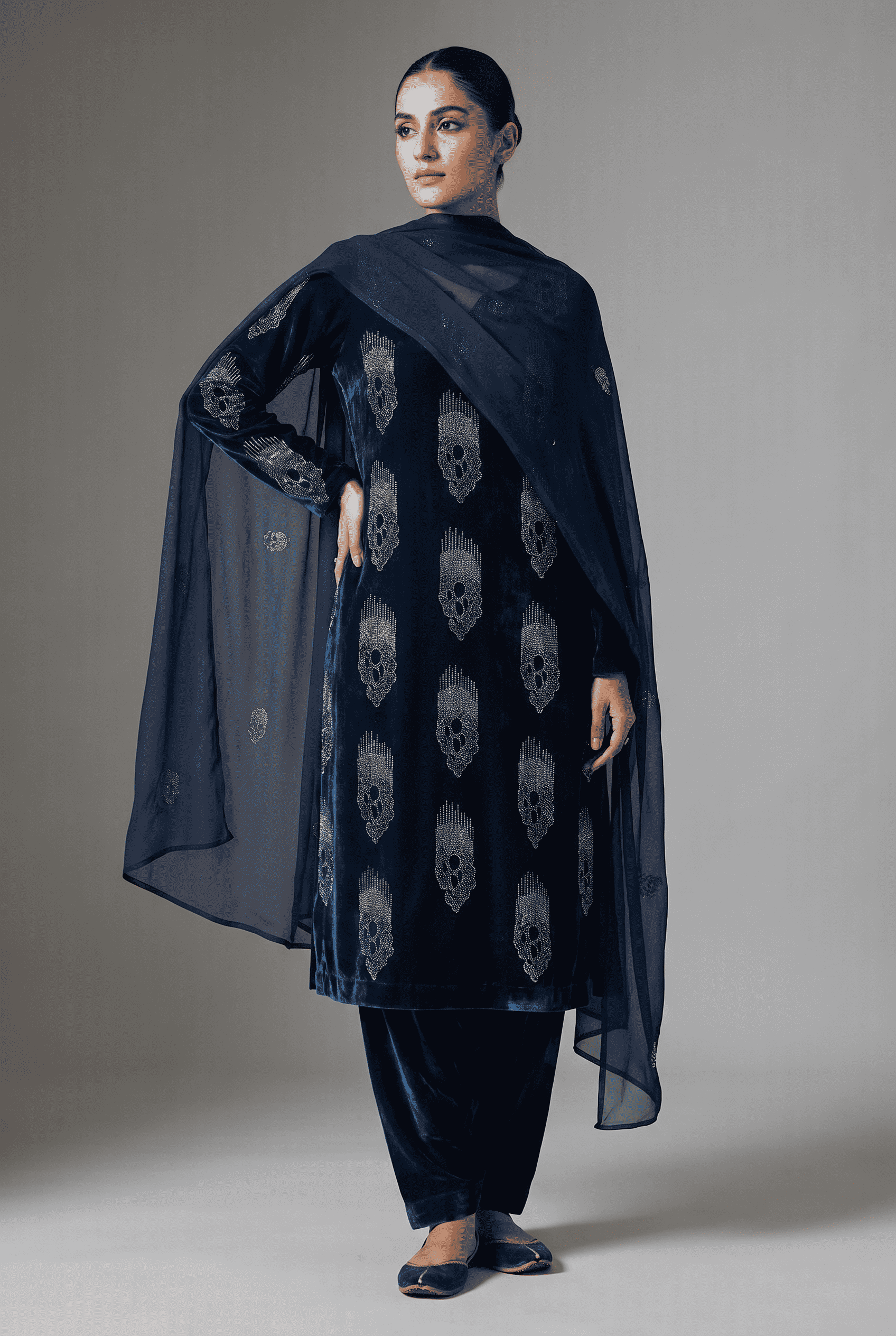 Close-up of MC THE BLACK DIAMOND Midnight Sapphire Velvet fabric, showcasing its rich, smooth texture and deep blue color.