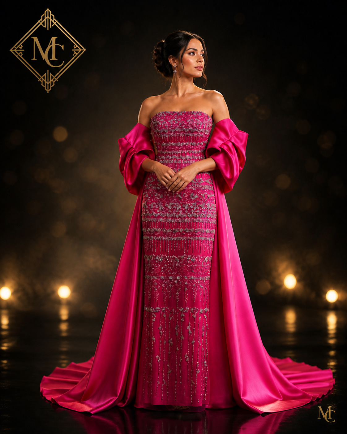 MC Luxury Dubai evening dress in sage green with cape, blue sky, and lilac accents, perfect for wedding and party occasions.