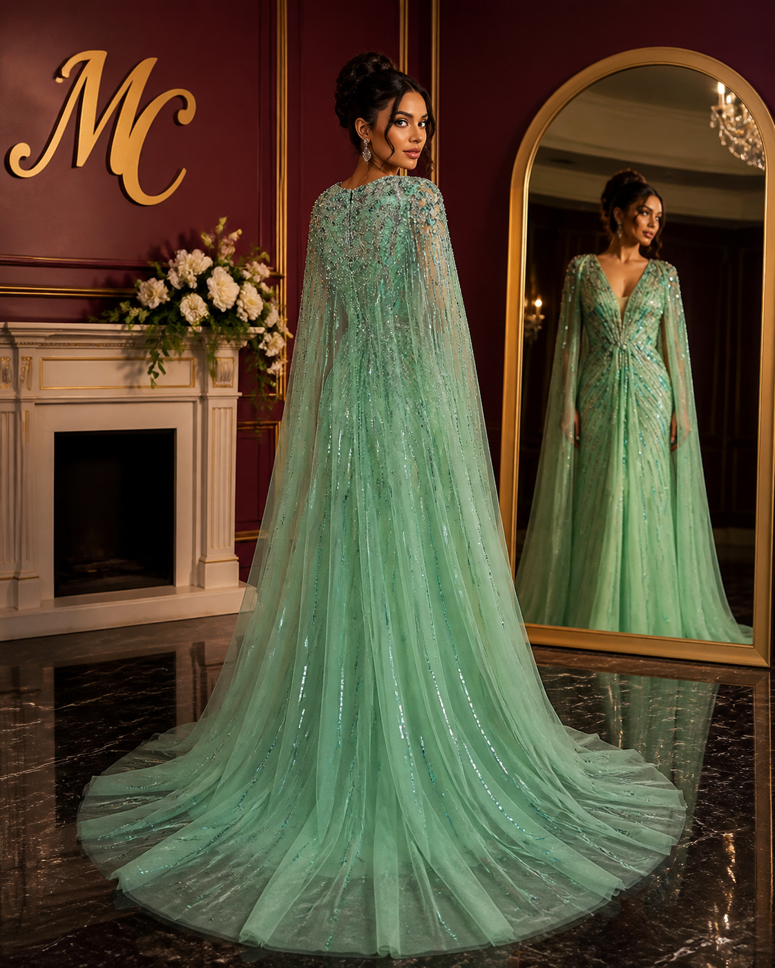 Turquoise mermaid evening dress by MC BRAND featuring intricate details and a fitted silhouette, designed for elegant occasions.