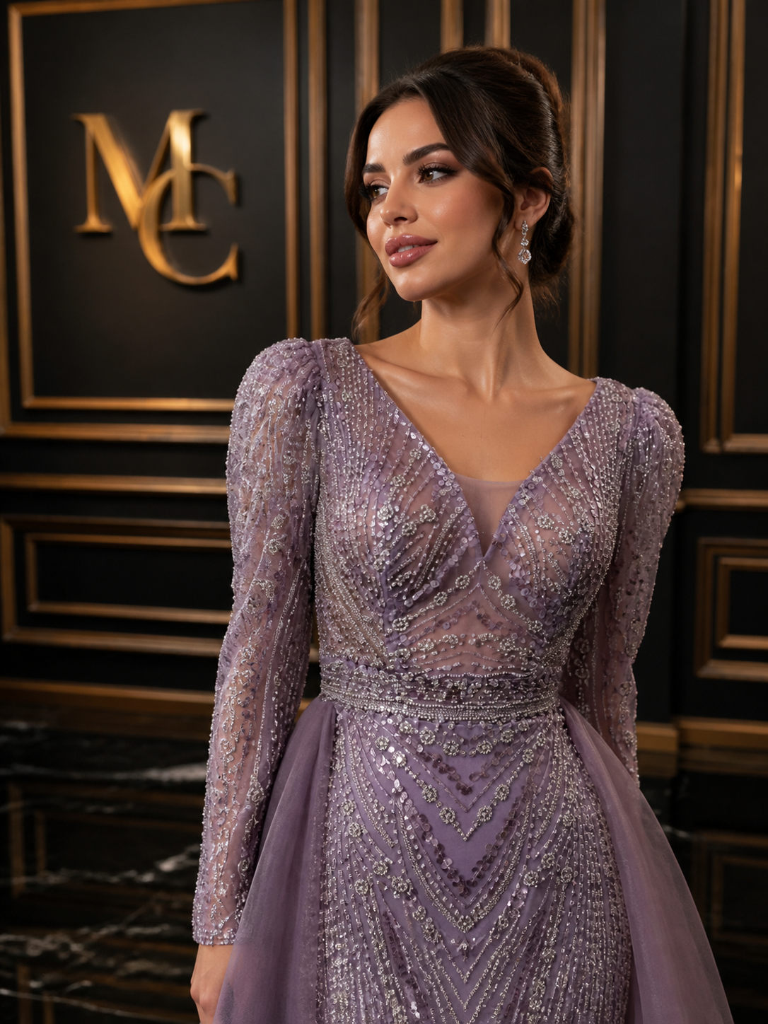 MC THE BLACK DIAMOND long sleeve evening dress for women, elegant black dress with fitted design and sophisticated style.