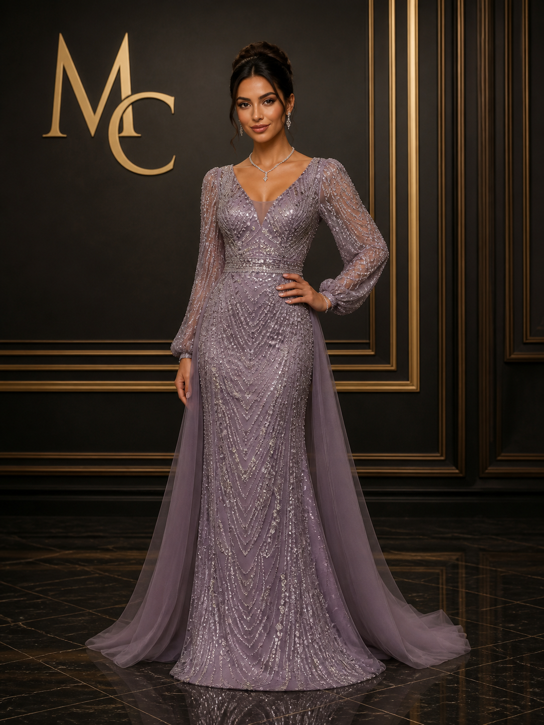 Elegant black long-sleeve evening dress for women by MC THE BLACK DIAMOND, featuring a fitted silhouette and sophisticated design.