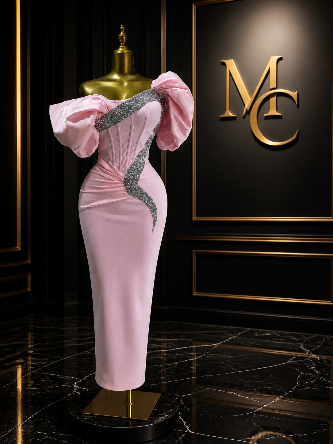 MC THE BLACK DIAMOND pink off-shoulder satin bandage evening dress with patchwork design, elegant and stylish for formal occasions.