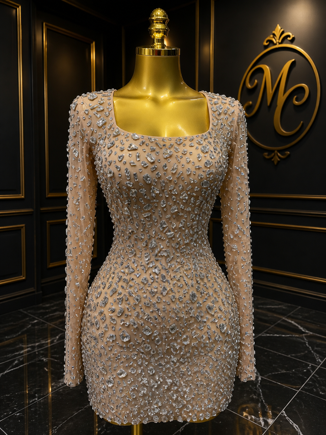 MC THE BLACK DIAMOND sparkling diamond short party dress with elegant design, perfect for special occasions and celebrations.
