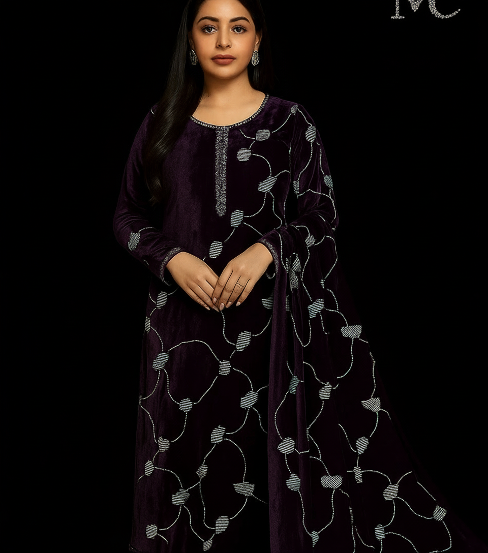 Purple velvet floral fabric suit for women by MC THE BLACK DIAMOND, showcasing elegant floral pattern and luxurious velvet texture.