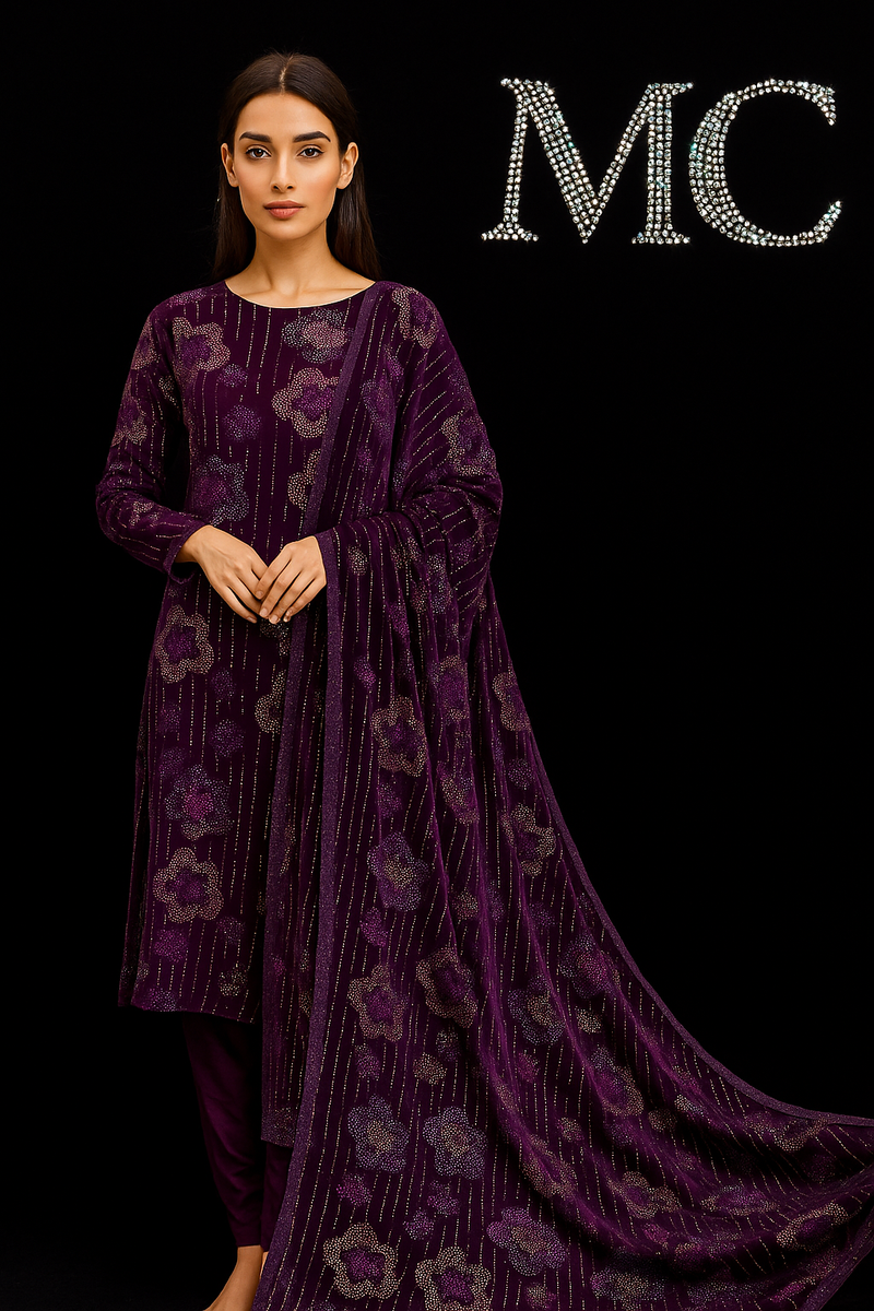 Purple Velvet Floral Suit for Women