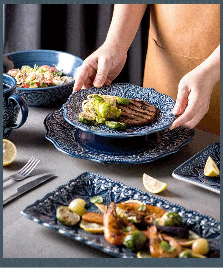 Blue retro relief ceramic kitchen dishes set by 𝕄𝕔 𝕋𝕙𝕖 𝔹𝕝𝕒𝕔𝕜 𝔻𝕚𝕒𝕞𝕠𝕟