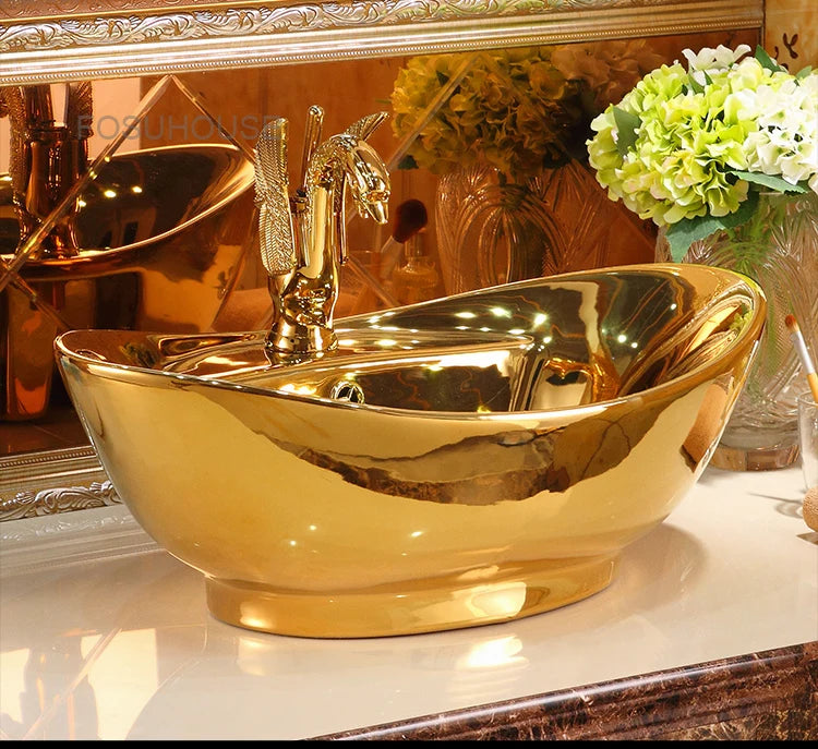 Gold ceramic bathroom sink by MC THE BLACK DIAMOND, modern European-style hand basin with sleek design for home decor.