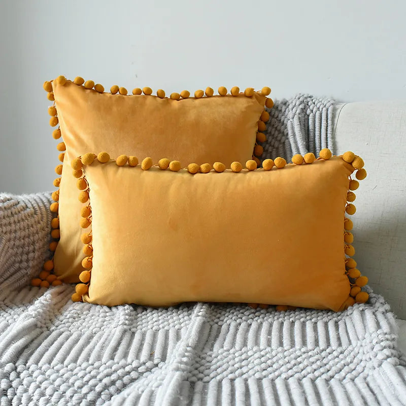 MC THE BLACK DIAMOND velvet throw pillow cover with pom pom accents, large sofa cushion case, soft and cozy decorative pillow.
