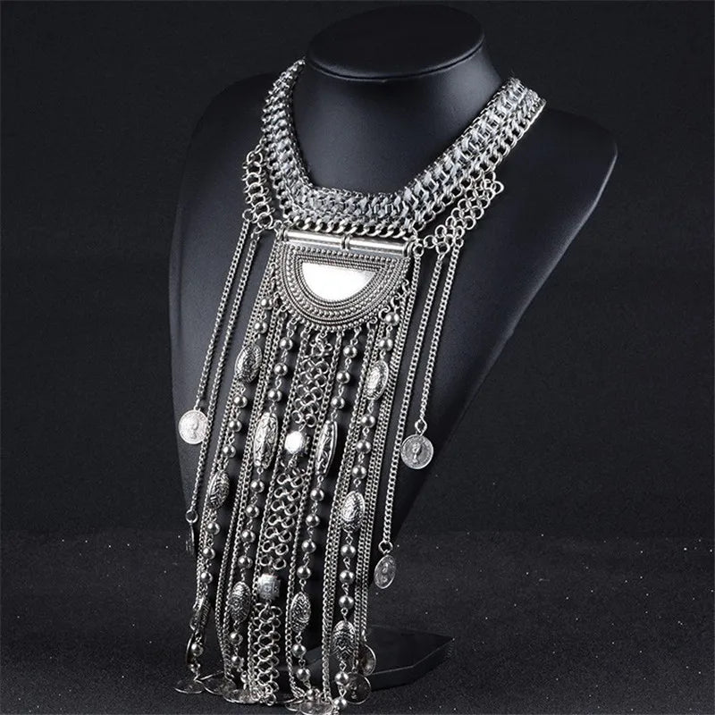 Fashion maxi long tassel statement necklace with boho Indian vintage coins, chunky collar jewelry for women by ๐๐ ๐๐๐ ๐น๐๐๐๐ ๐ป๐