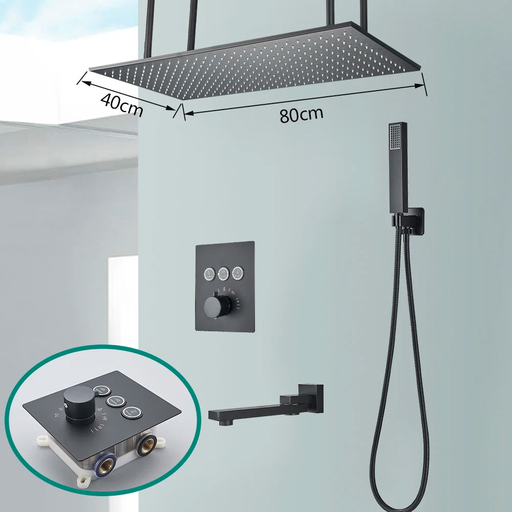 Matte black Rozin thermostatic shower faucet with concealed installation, ceiling rainfall showerhead, and mixer tap in bathroom setting.