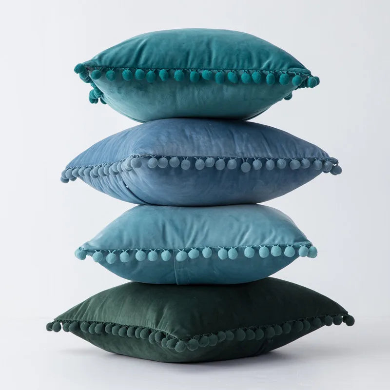 MC The Black Diamond velvet throw pillow cover with pom-pom accents, large solid cushion case for sofa or home decor.