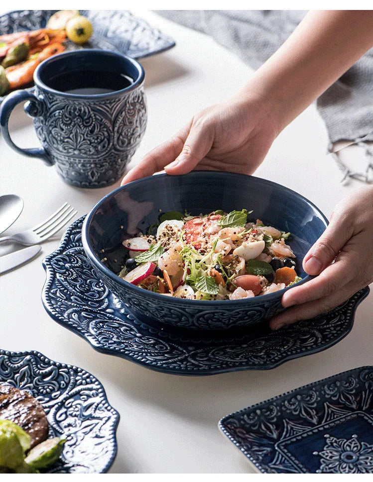 Blue Retro Relief Ceramic Tableware Dishes Set from 𝕄𝕔 𝕋𝕙𝕖 𝔹𝕝𝕒𝕔𝕜 𝔻𝕚𝕒𝕞𝕠�