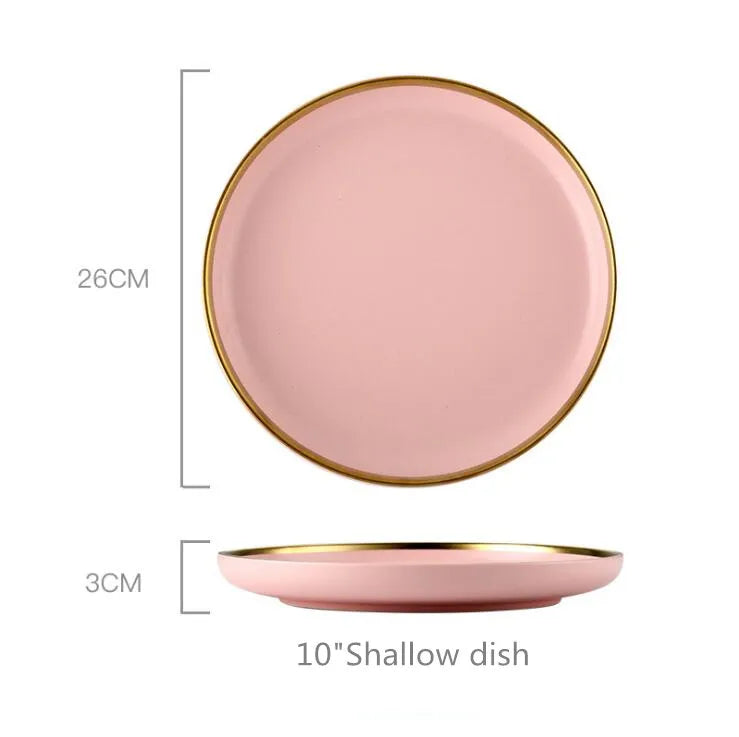 Set of pink porcelain dinner plates with gilt rims, ceramic kitchenware for food dishes, salads, and noodles from MC The Black Diamonds.
