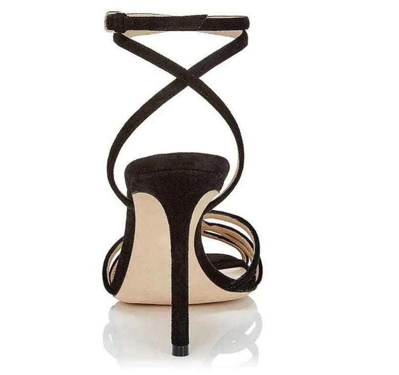 European FHC women’s high-heeled sandals with peep toe, ankle straps, and stage show style in black leather.