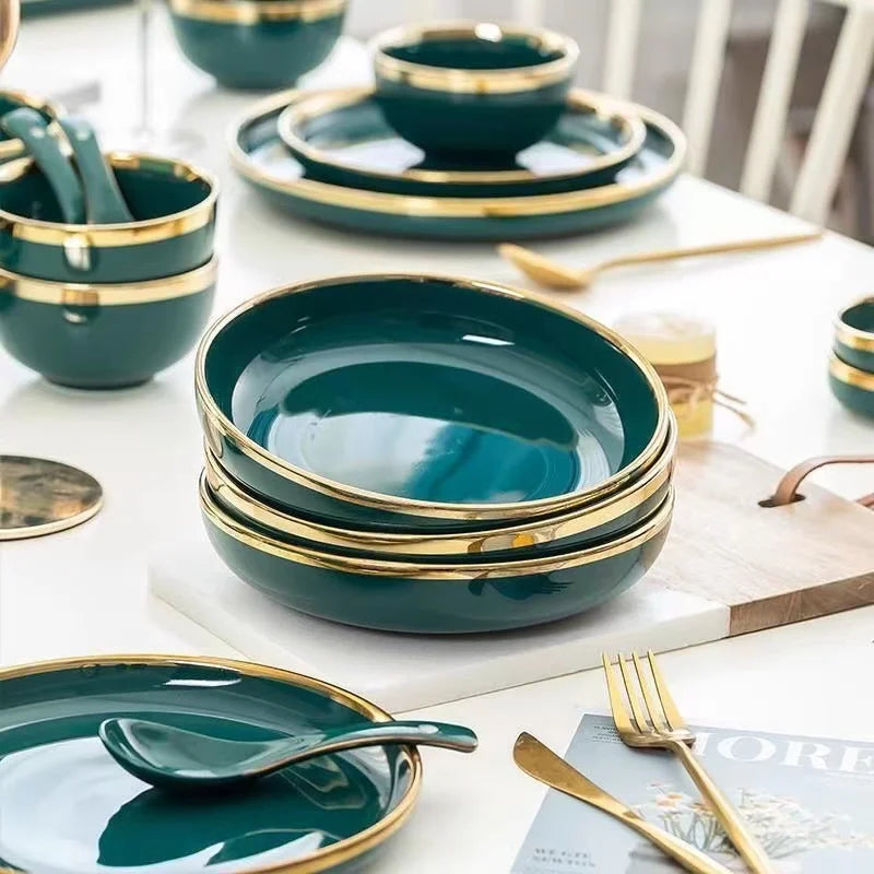 Set of green ceramic dinner plates with gold inlay, luxury steak and salad bowls, and matching spoons from 𝕄𝕔 𝕋𝕙𝕖 𝔹𝕝𝕒𝕔𝕜 𝔻�
