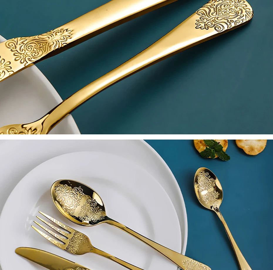 Set of 16/24 stainless steel silverware including forks, knives, and spoons from MC The Black Diamonds kitchen cutlery collection.