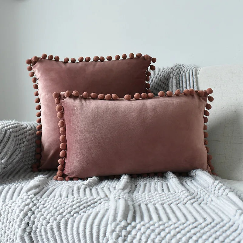 MC THE BLACK DIAMOND velvet throw pillow cover with pom pom accents, large solid cushion case for sofa decor.
