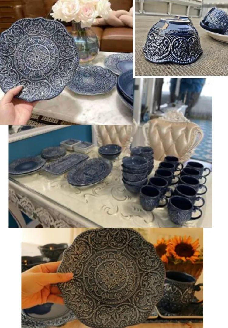 Blue retro relief ceramic tableware dishes set by 𝕄𝕔 𝕋𝕙𝕖 𝔹𝕝𝕒𝕔𝕜 𝔻𝕚𝕒𝕞𝕠�