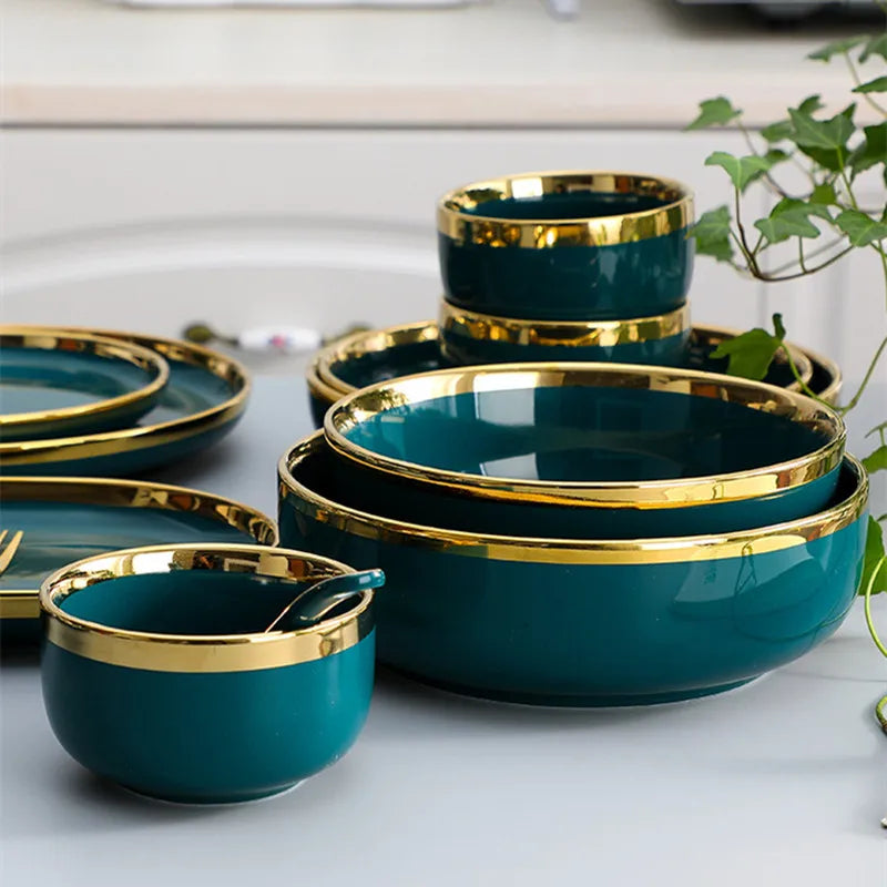 Green ceramic dinner plate set with gold inlay, including salad bowls and spoons, from 𝕄𝕔 𝕋𝕙𝕖 𝔹𝕝𝕒𝕔𝕜 𝔻𝕚�