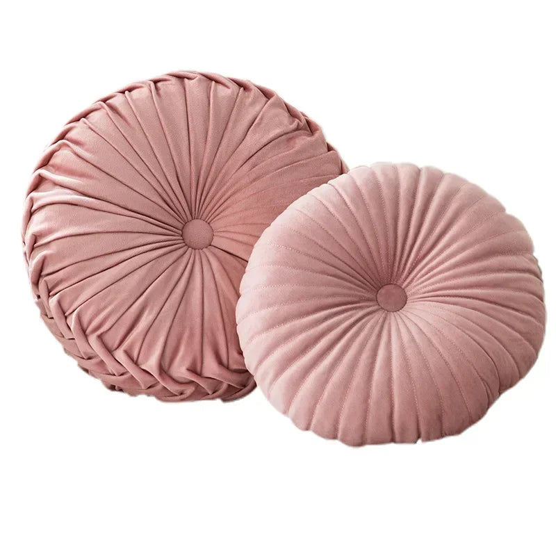 Pink round pumpkin-shaped pillow by MC THE BLACK DIAMOND, soft seat cushion and decorative waist pillow for living room and sofa decor.