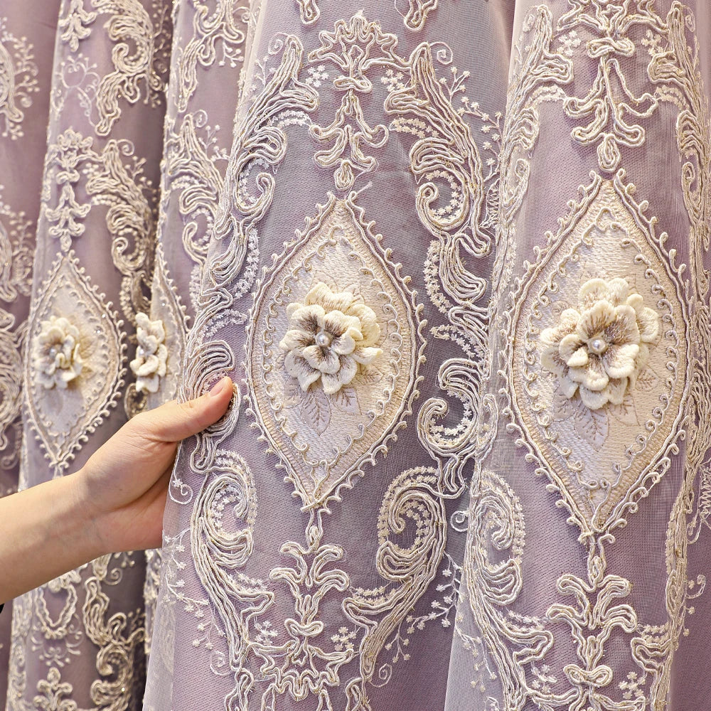 Luxury vintage-style embroidered curtains from MC THE BLACK DIAMOND, showcasing intricate embroidery and elegant fabric design.