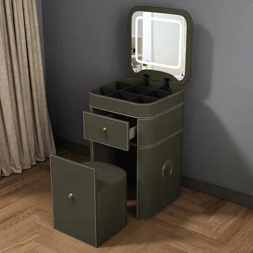 Modern MC THE BLACK DIAMOND makeup vanity with storage drawer, luxurious mirror, and sleek stool for organized beauty routines.