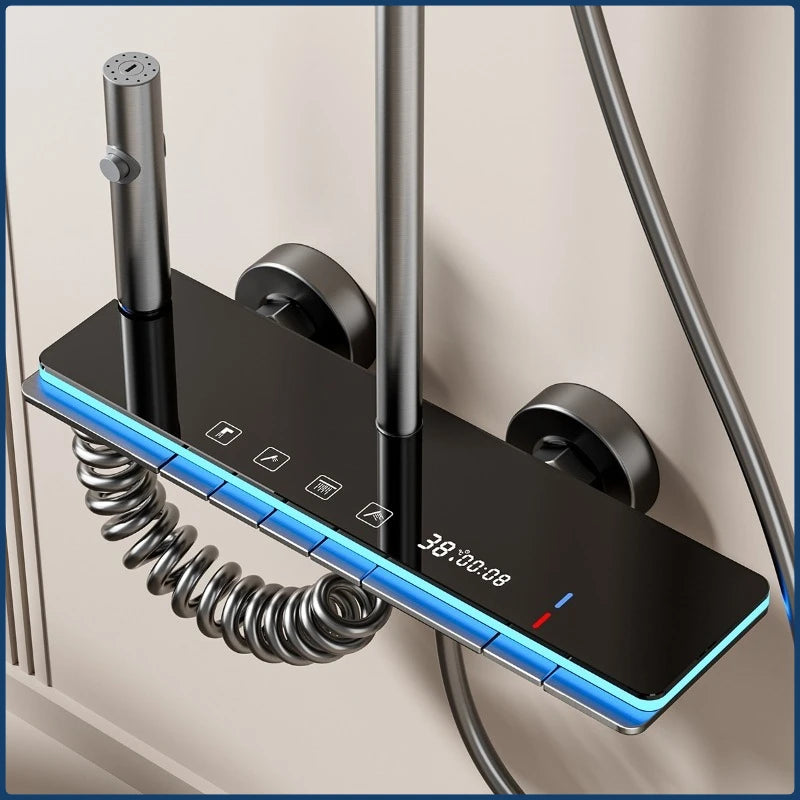 Grey four-mode digital bathroom shower system by 𝕄𝕔 𝕋𝕙𝕖 𝔹𝕝𝕒𝕔𝕜 𝔻𝕚𝕒𝕞𝕠𝕟