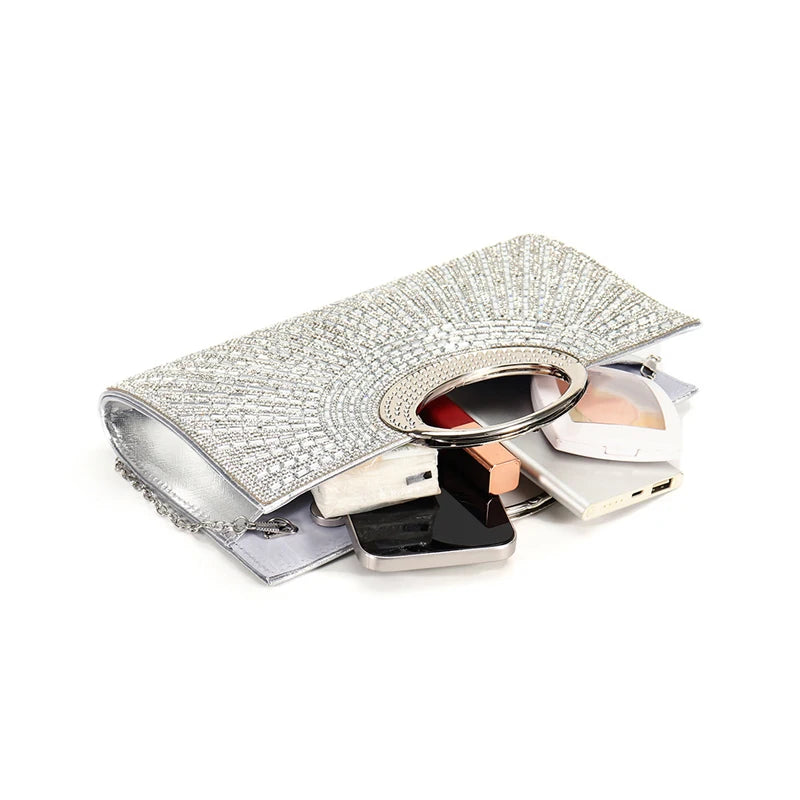 Elegant women's evening clutch bag with sparkling rhinestones and chain, featuring a luxury diamond design for wedding and party events.