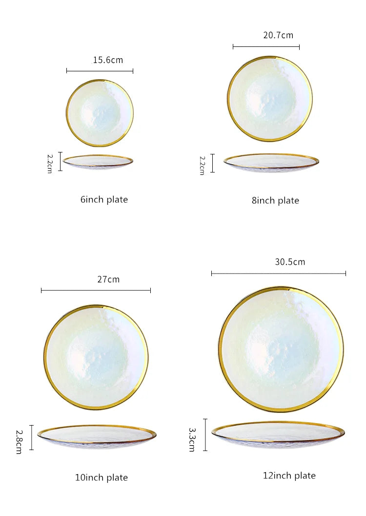 Rainbow glass dinner plates and salad bowls with gilt rims from Mc The Black Diamonds, ideal for dessert and serving on a stylish table.