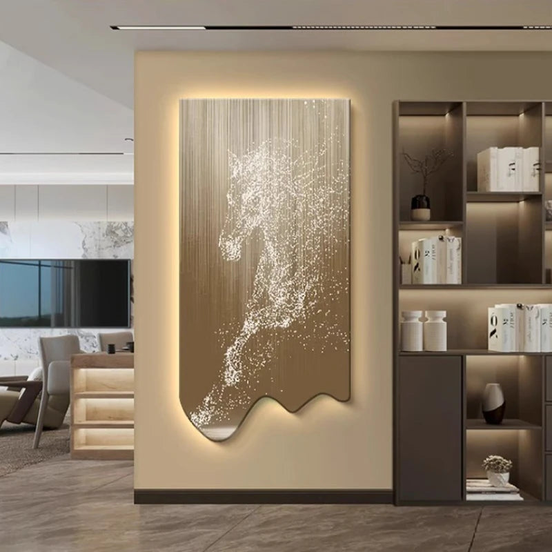 Modern art wall decor painting of a horse by MC THE BLACK DIAMOND, luminous LED hanging poster for luxury living room or corridor.