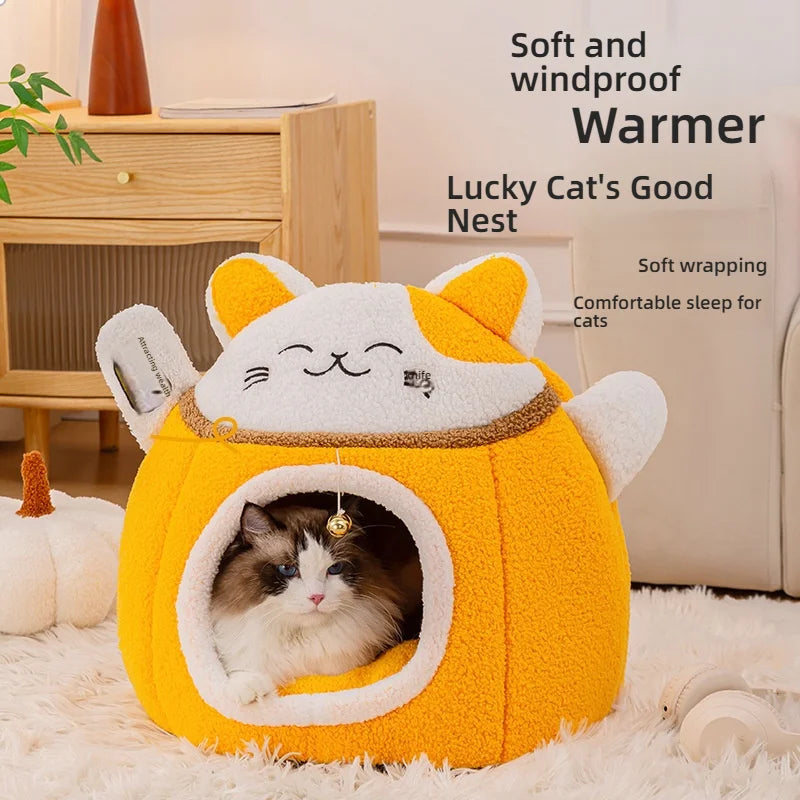 Lucky Fortune Cat Pet Bed - Winter Warm Semi-Open Fleece Round Bed for Cats & Dogs | Cozy Lucky Pet House, Soft Cushioned Kennel - https://mohammadcollection.com