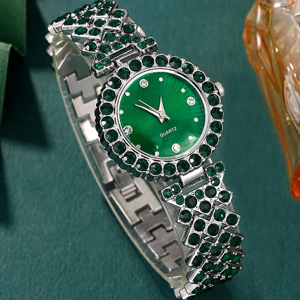 Women Fashion Watches Heart Rhinestone Ring Necklace Earring Jewelry Set Luxury Dress Quartz WristWatch Simple Elegant Watch Gif - https://mohammadcollection.com