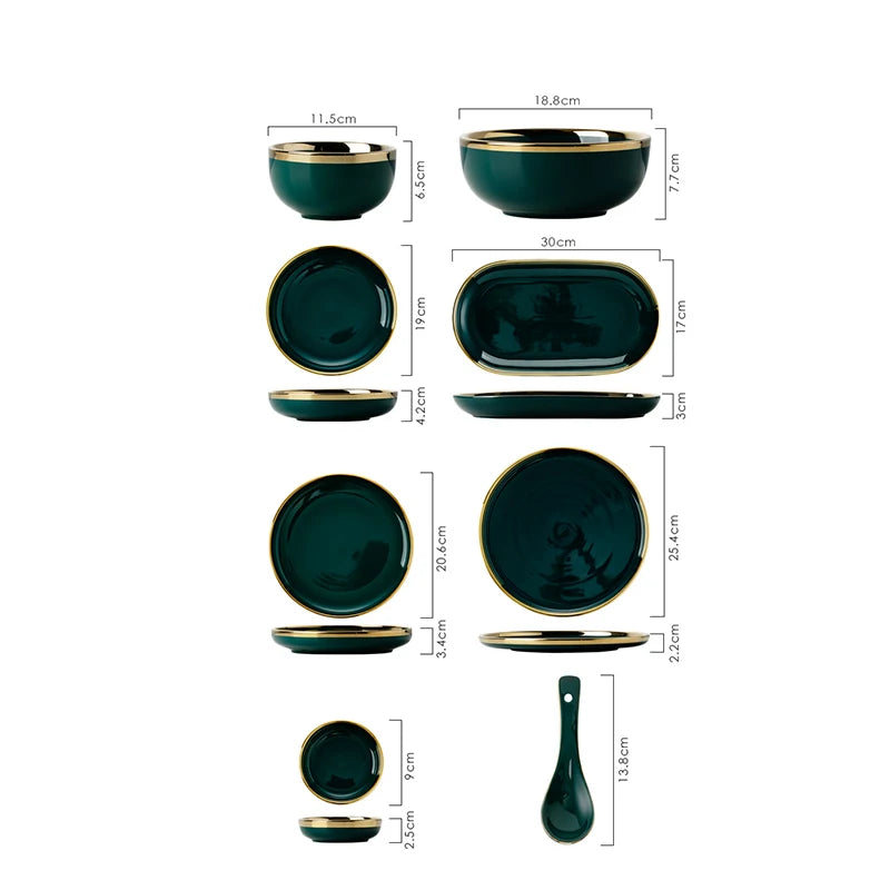 Dark green ceramic cutlery bowls set with gold-plated accents, including rice bowls and porcelain dishes for kitchen use