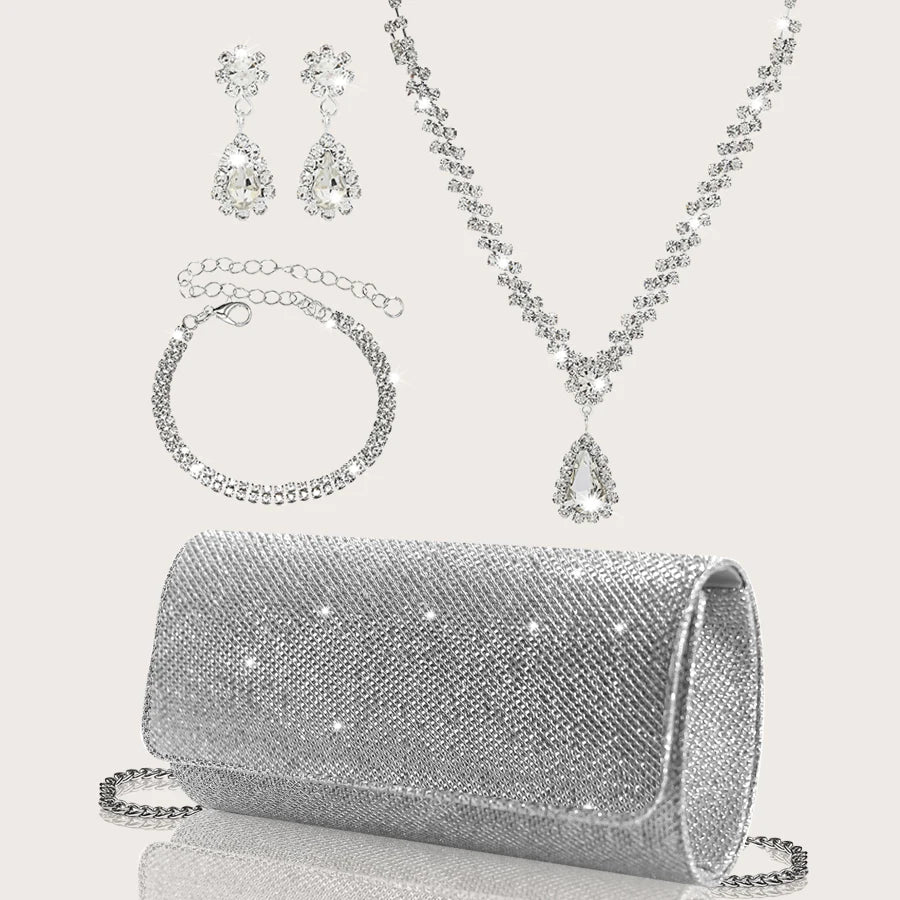 Elegant MC THE BLACK DIAMOND sparkly party clutch bag with rhinestone jewelry set featuring necklace, earrings, and bracelet.