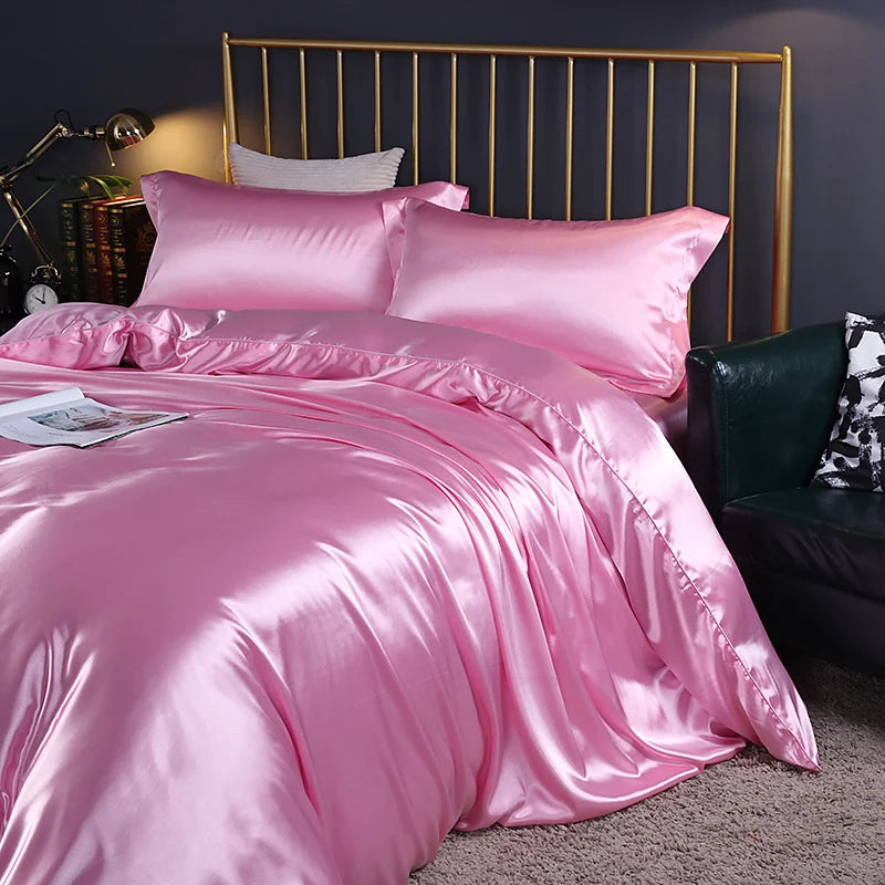 Silk bedding set with duvet cover, sheets, and pillowcases in solid color, luxury satin bedsheets from 𝕄𝕔 𝕋𝕙𝕖 𝔹𝕝𝕒𝕔𝕜 𝔻�