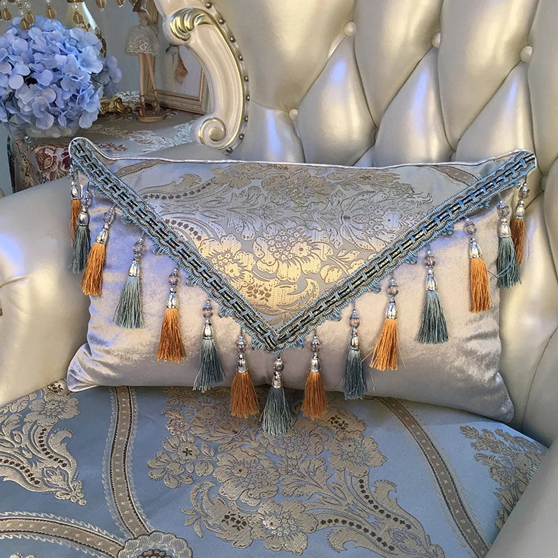 European luxury Jacquard tassel lace rectangular sofa pillow cover with decorative tassels and large backrest cushion, from 𝕄𝕔 𝕋𝕙𝕖 𝔹𝕝𝕒𝕔𝕜 𝔻