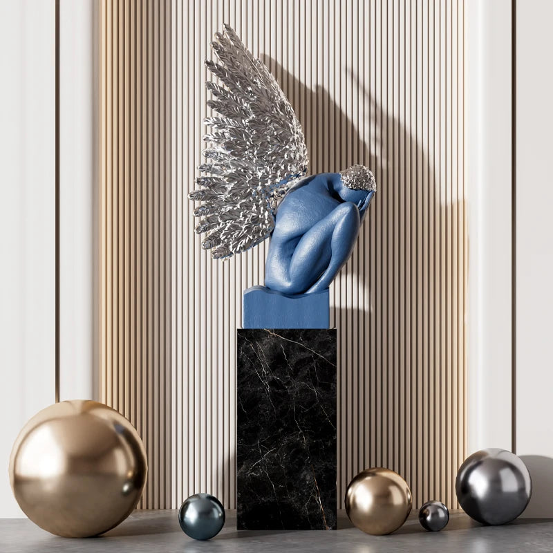 MC THE BLACK DIAMOND desk decoration wings statue, artistic tabletop sculpture with detailed wing design for home or office decor.