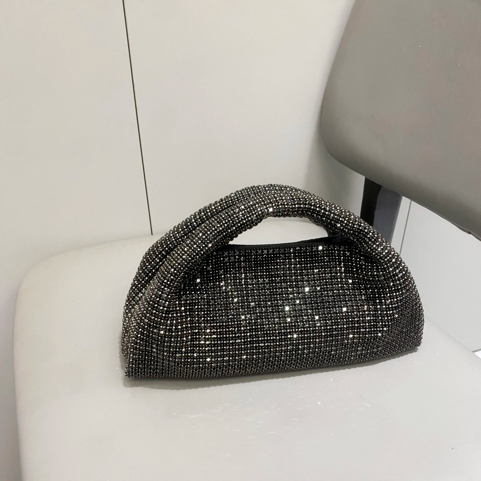 Shiny crystal clutch purse by MC THE BLACK DIAMOND, handcrafted evening shoulder bag with rhinestones, luxury designer handbag.
