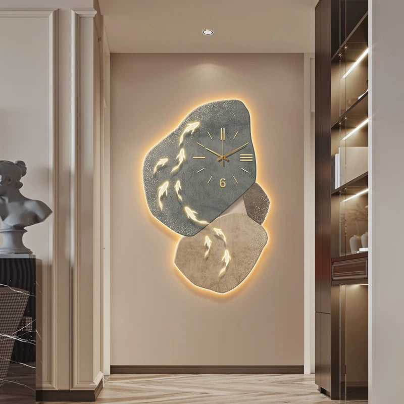 Modern Nine Fish Map Wall Clock by MC THE BLACK DIAMOND featuring luminous design, perfect for corridor or entrance wall decoration.