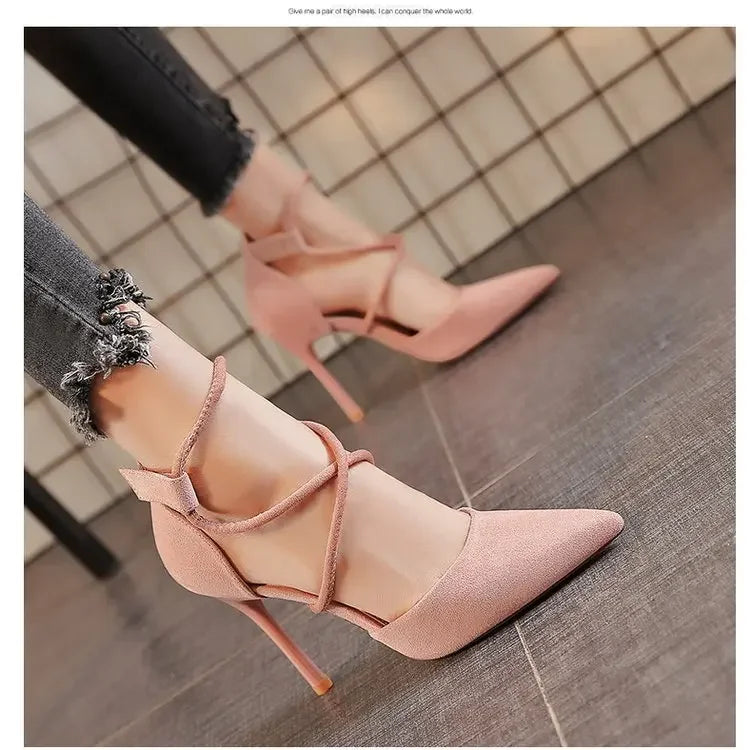 MC THE BLACK DIAMOND women's suede cross-strap Roman sandals with pointed heels and one-line buckle detail.