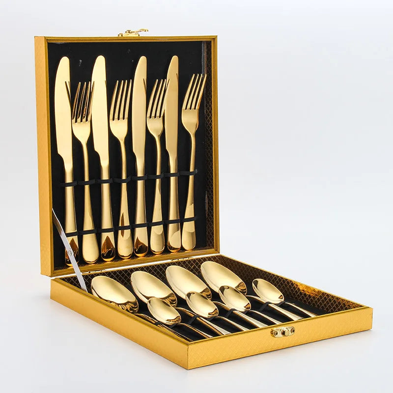 Set of 16/24 golden cutlery and dinnerware from MC The Black Diamonds, stylish kitchen tableware with sleek gold accents.