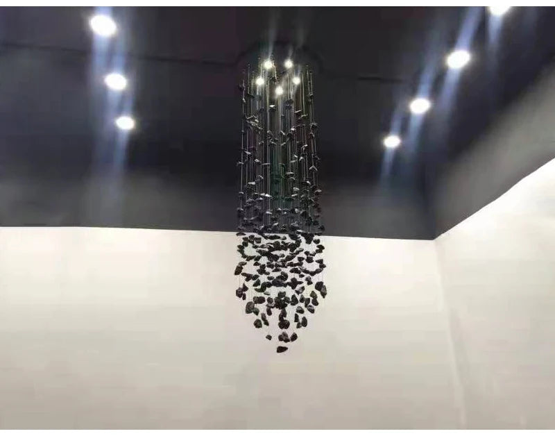 Black Art Luxury Stone Crystal Chandelier For Staircase Hallway Lobby Modern Cristal LED Hanging Lamp Home Indoor Light Fixtures