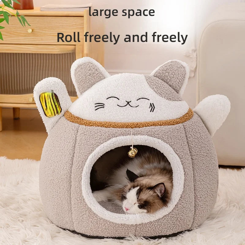 Lucky Fortune Cat Pet Bed - Winter Warm Semi-Open Fleece Round Bed for Cats & Dogs | Cozy Lucky Pet House, Soft Cushioned Kennel - https://mohammadcollection.com