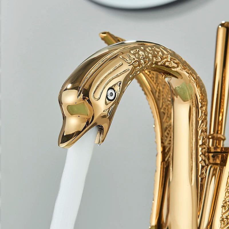 Golden Basin Faucet Deck Mount Sink Short Faucets Swan Shape Single Handle Sink Hot Cold Water Mixer Tap - https://mohammadcollection.com