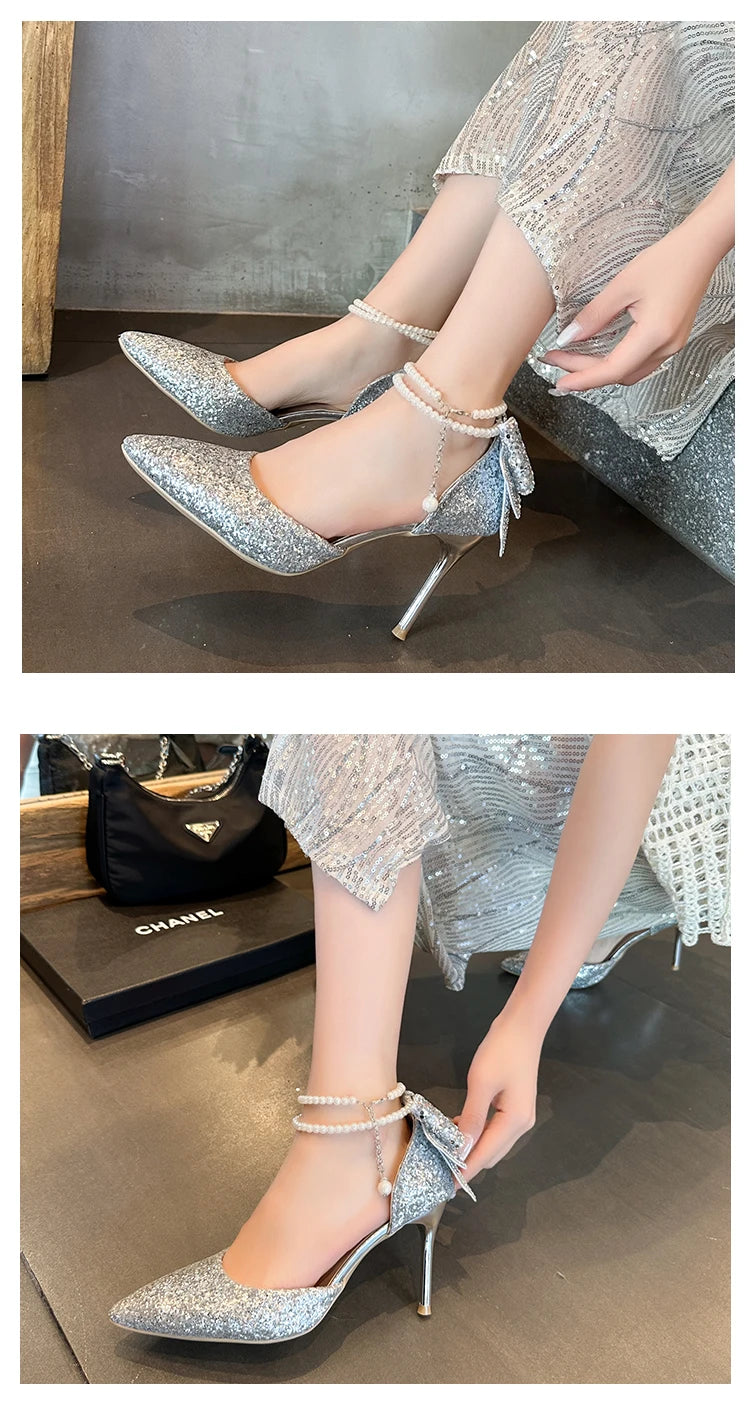 Elegant French style pointy high heels from Mohammad Collection featuring sequins, a bow, pearls, and a shallow mouth design.