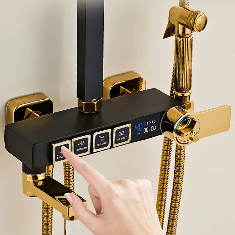 Luxury hot and cold digital rainfall shower head set by MC The Black Diamond, with sleek shower caddy and modern design.