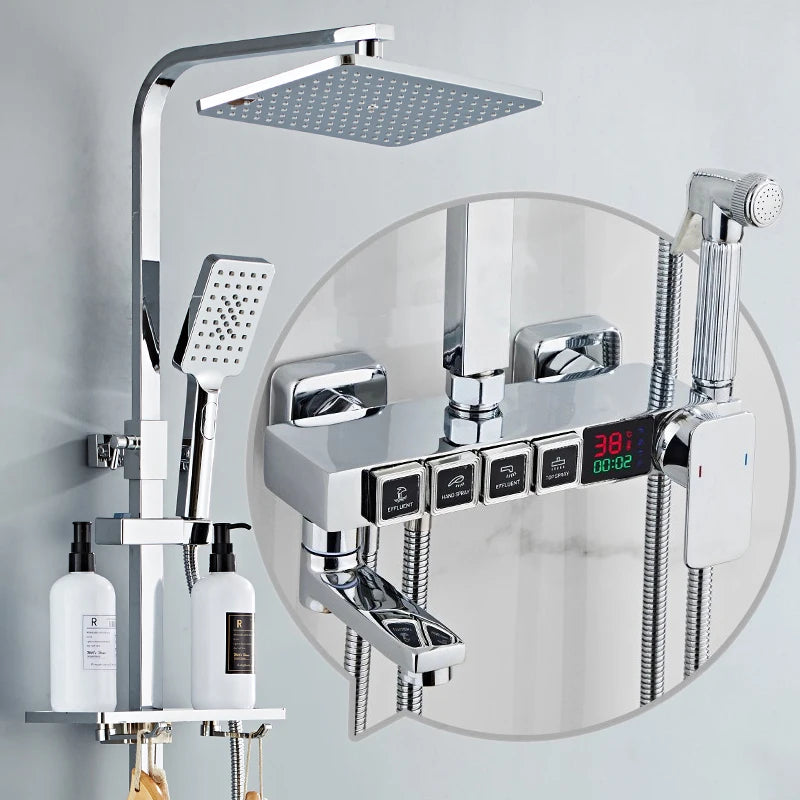 Luxury Hot Cold Digital Bathroom Shower System Thermostatic Brass Faucet Gold Digital Piano Control Rainfall Shower Head Set