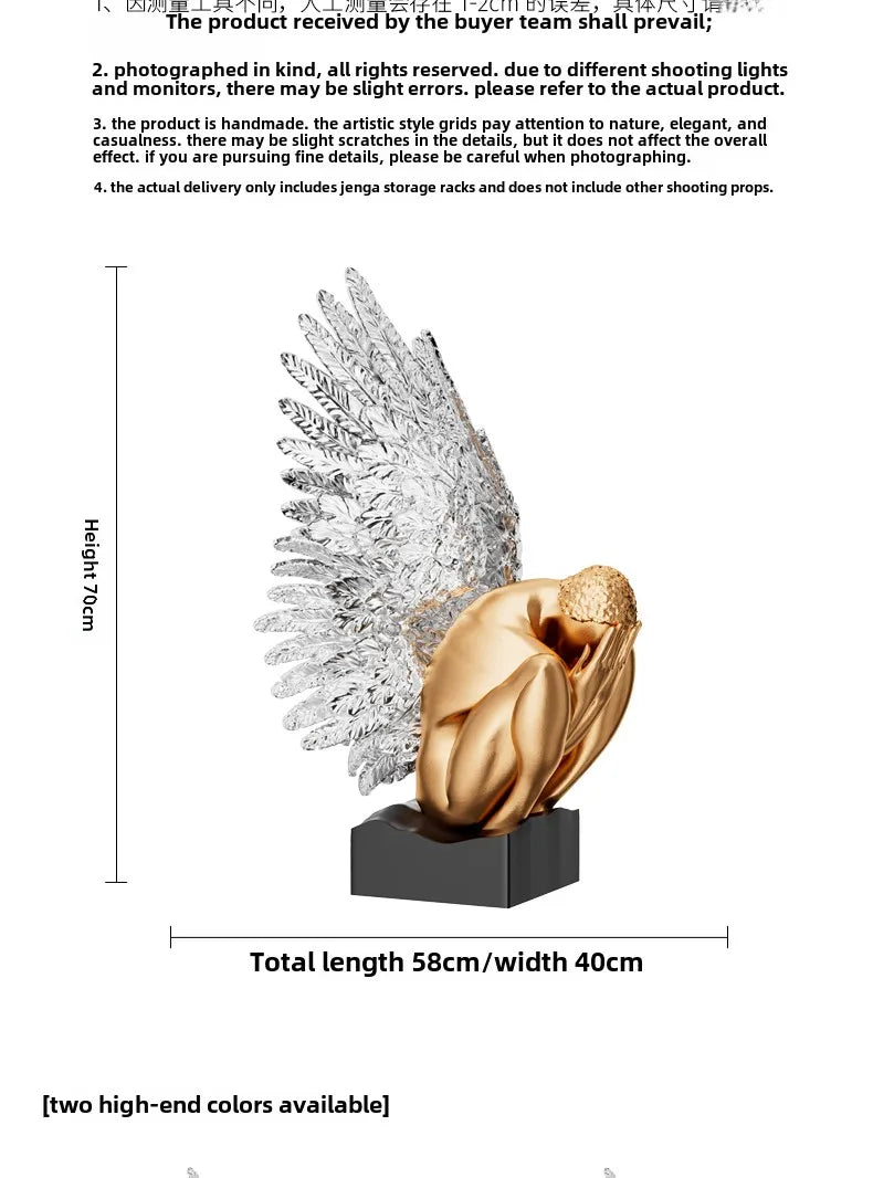 MC THE BLACK DIAMOND desk decoration wings statue, artistic metal sculpture for office or home decor, detailed wing design.