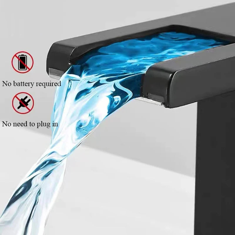 MC THE BLACK DIAMOND luxury black bath LED basin faucet with single handle, tall and short tap for hot and cold water flow.