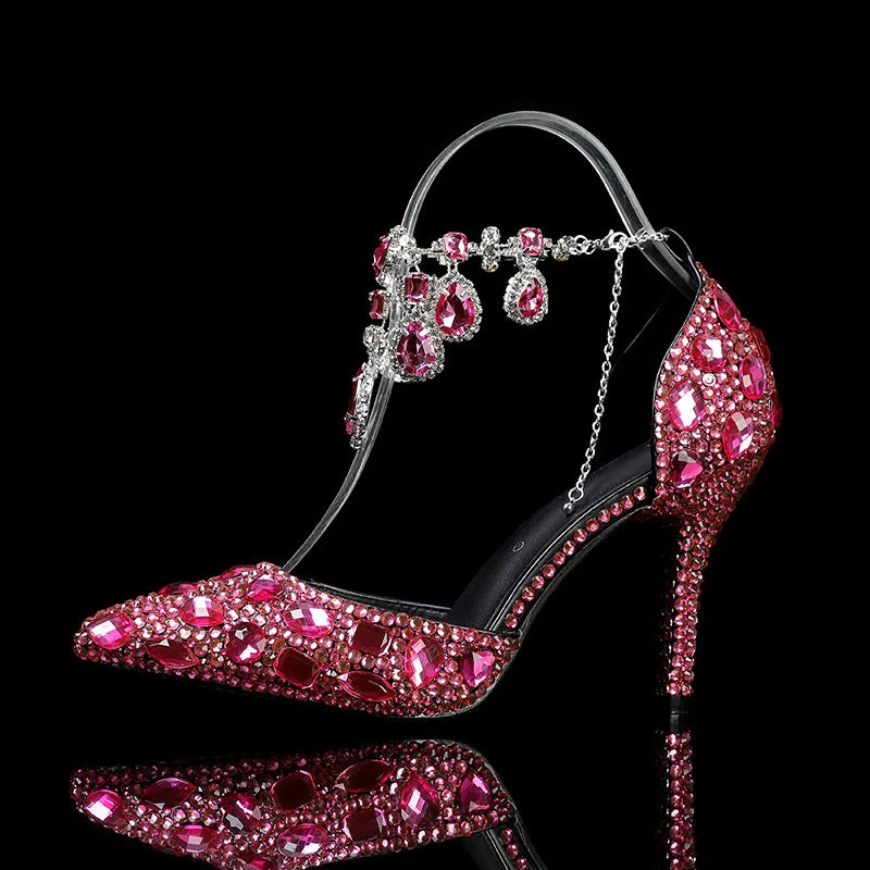 MC THE BLACK DIAMOND crystal pendant banquet high heels for prom and wedding, elegant shoes with sparkling embellishments.